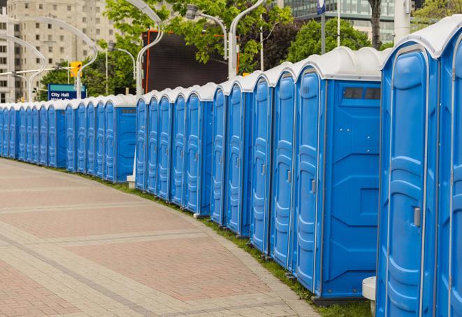 a fleet of portable restrooms ready for use at a large outdoor wedding or celebration in Ardmore AL